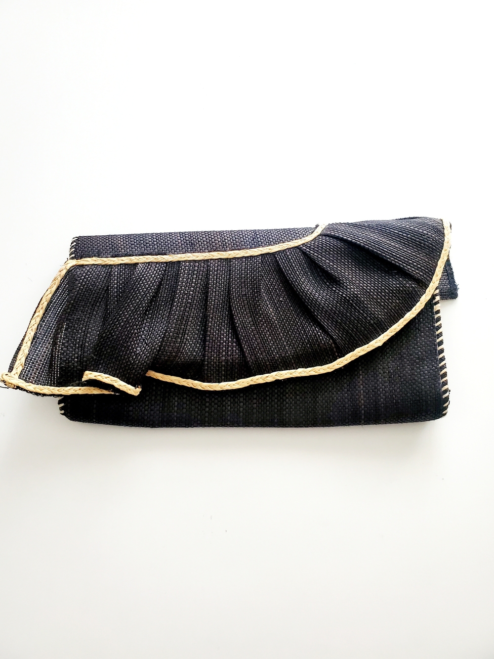 Mud Pie Black Fold-Over Straw Clutch with Gold Trim